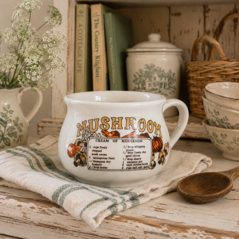 Vintage Cream of Mushroom Recipe Soup Mug Ceramic Retro 70s Kitchen Cup